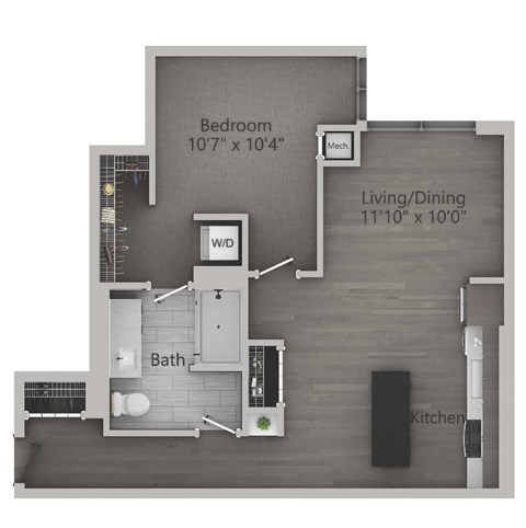 Floor plan for 1 bed, 1 bath, 743 sqft